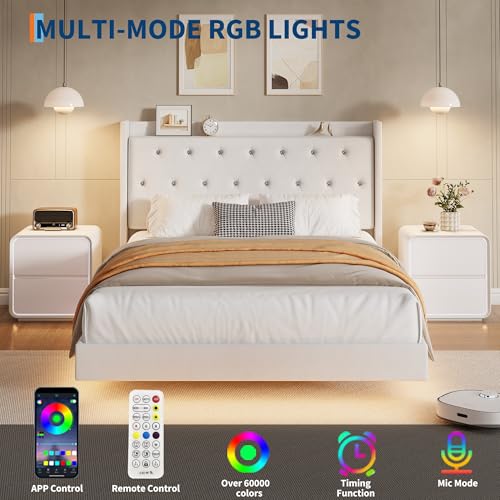 coucheta Full Floating Bed Frame with LED Lights, Upholstered Platform Bed with Crystal Tufted Headboard, Storage Shelves, Heavy Duty Metal Slats, No Spring Needed, Noise Free, Easy Assembly, White coucheta