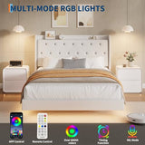 coucheta Full Floating Bed Frame with LED Lights, Upholstered Platform Bed with Crystal Tufted Headboard, Storage Shelves, Heavy Duty Metal Slats, No Spring Needed, Noise Free, Easy Assembly, White coucheta