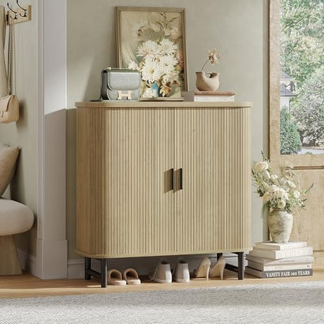 Maupvit Shoe Storage Cabinet with Smooth Fluted Sliding Doors, 5-Tier Shoe Cabinet Storage for Entryway, Narrow Hidden Shoe Rack for Front Door Entrance, Metal Handles and Legs, Natural Maupvit