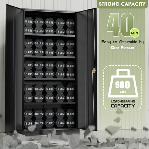 Patiomore Metal Garage Storage Cabinet, 72” Lockable File Cabinets with 2 Doors and 4 Adjustable Shelves, Steel Tool Cabinets with Lock for Office, Home, Gym, Black Patiomore
