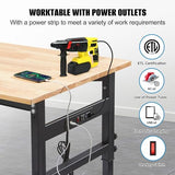 48" Workbench Desk with Power Outlets, Adjustable Height Rubber Wood Top Heavy-Duty Work Table, 2000 LBS Load Capacity Work Station for Garage, Workshop, Office, Home QYDS US