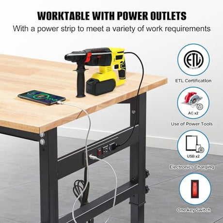 48" Workbench Desk with Power Outlets, Adjustable Height Rubber Wood Top Heavy-Duty Work Table, 2000 LBS Load Capacity Work Station for Garage, Workshop, Office, Home QYDS US