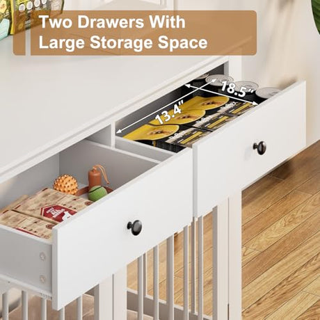 PUKAMI 44inch Large Dog Crate Furniture with Drawers, Wooden Dog Kennel Furniture for Indoor use, White End Table Dog House, for Small/Medium/Large Dog PUKAMI