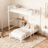 KEIKI Twin Over Twin Size Bunk Bed with Desk, L-Shaped Metal Bunk Bed Storage Shelves, Loft Beds with Safety Guardrail and Ladder for Teen, White KEIKI