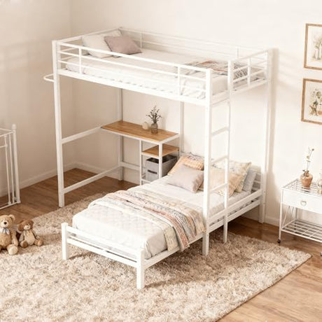 KEIKI Twin Over Twin Size Bunk Bed with Desk, L-Shaped Metal Bunk Bed Storage Shelves, Loft Beds with Safety Guardrail and Ladder for Teen, White KEIKI