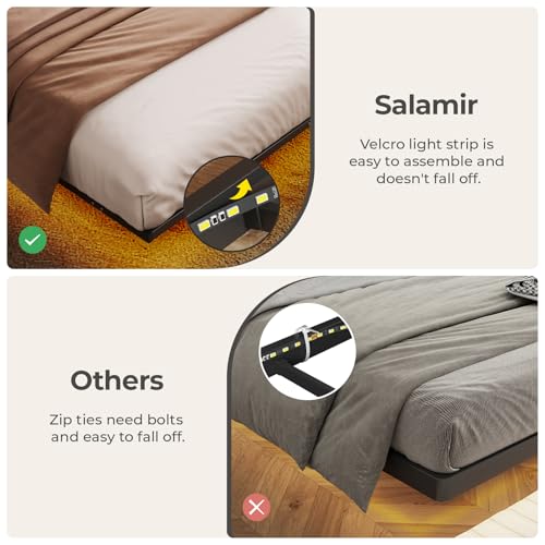 Salamir Twin Floating Bed Frame with LED & Charging Station, Ergonomic Upholstered Headboard with Folding Shelves Storage, Metal Slats, No Box Spring Needed, Easy Assembly, Noise-Free, Black Leather Salamir
