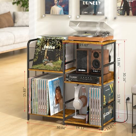 ThreeHio Record Player Stand with Power Outlets, Turntable Stand with Vinyl Storage Holds up to 300+ Albums, Storage Cabinet for Vinyl Records, Record Player Table with LED Light for Living Room ThreeHio
