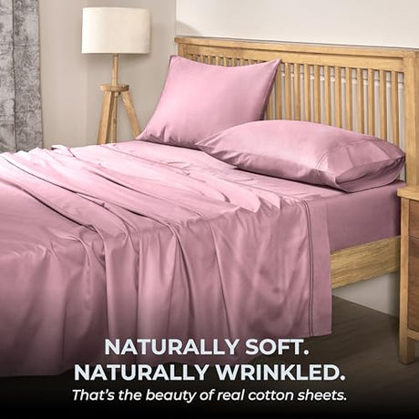 Mayil Manor 100% Natural Cotton Sheets Queen Size Bed Set | 500 TC Single-Ply Sateen Weave | Soft, Breathable, Hypoallergenic Solid 4-Piece Bedding with Deep Pocket Fitted, Flat, Pillowcase | Blush Mayil Manor