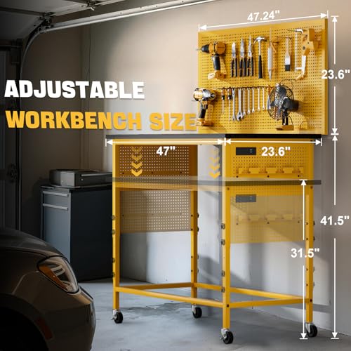 Work Bench, Ferreteriai 47" Heavy Duty Workbench with Power Outlet & USB-C, Exclusive Yellow Side Battery Holder, Adjustable Height, 2100LB Capacity, Locking Wheels for Garage Workshop Ferreteriai