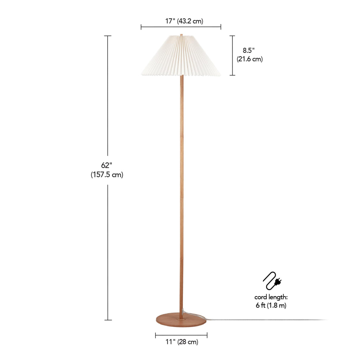 Globe Electric 61000053 62" Floor Lamp, Wood Toned, Pleated Fabric Shade, Flat Base, Pull Chain Switch on Socket, Reading Lamp, Home Office Accessories, Living Room Décor Globe Electric