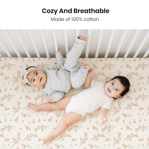 Konssy Muslin Crib Sheets for Girl Boy, 2 PCS Soft and Breathable Cotton Baby Sheets for Standard Crib Mattress, 52"x 28" (Floral, Pink) Konssy
