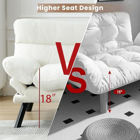 White Modern Teddy Velvet Convertible Folding Futon Couch Sofa Bed Adjustable Pillow Top Arm Memory Foam Couch Double Love Seat Sofa for Compact Space, Dorm, Apartment, Bedroom Loveseat (White) Gustonhon