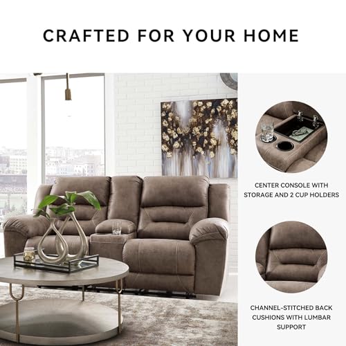 Signature Design by Ashley Stoneland Faux Leather Manual Double Reclining Loveseat with Center Console, Light Brown Signature Design by Ashley