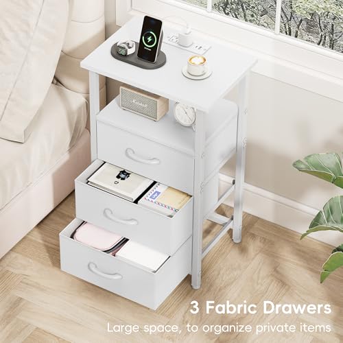 Vagusicc Night stand Set 2 with Charging Station, LED Nightstand for Bedroom, White Bedside Table with 3 Fabric Drawer, End Table Side Table with USB Ports & Outlets, Bed Side Table for Bedroom, White Vagusicc