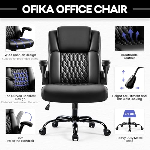 OFIKA Leather Office Desk Chair,Ergonomic Office Chair with Lumbar Support,Computer Chair,Executive Leather Chair with Padded Flip-up Arm,Adjustable Armrests, Black,275LBS OFIKA