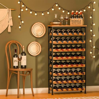 48 Bottles Floor Wine Rack with Wood Top, Freestanding Wine Bottle Organizer Shelf, Wobble-Free 8 Tier Wine Display Storage Stand for Kitchen Pantry, 25.2''L x 10.7''W x 47.2''H