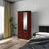 HODEDAH 2 Door Wood Wardrobe Bedroom Closet with Clothing Rod inside Cabinet, 2 Drawers for Storage and Mirror, Mahogany Hodedah