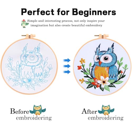 KESTAR Embroidery Starter Kit, Owl Flower Embroidery Kit for Adults Beginners, Cross Stitch Kits with Embroidery Cloth Hoops Needles Instruction and Threader