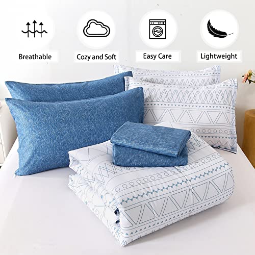 WONGS BEDDING Blue Boho Bed in a Bag Queen,7 Pieces Navy Comforter Set Queen Geometric Comforter Reversible Soft Microfiber Bedding Set with Comforter,Pillowcases,Flat Sheet,Fitted Sheet,Pillow Shams WONGS BEDDING