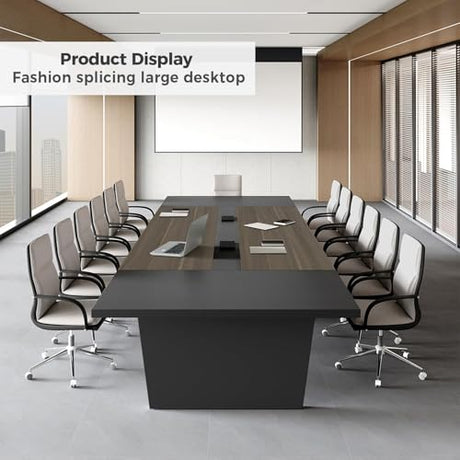 Nuipesn 138 Inch Rectangular Conference Table, 12FT Boardroom Table for 12-14, Built-in Power Outlets & USB Charging Ports, Cable Management, Splicing Design, 2 Inch Thick Top, Oak/Grey Nuipesn
