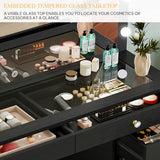 YITAHOME Makeup Vanity Desk with LED Mirror & Light, Large Makeup Table with 8 Drawers, Magnifying Glass, Power Outlets, Hairdryer Holder & Cushion Stool for Dressing Room, Black Vanity Set YITAHOME
