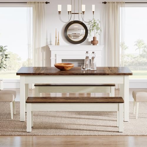 Tribesigns Farmhouse Dining Table Set for 4-6, 55-Inch Wooden Kithcen Table with 2 Benches, Space Saving 3 Pieces Heavy Duty Dinette for Dining Room, Kitchen, Small Space Tribesigns