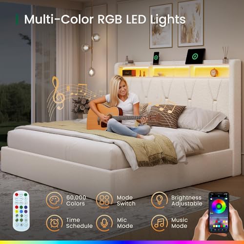 LARMACE Queen Size Bed Frame with 4 Storage Drawers and Boucle Headboard Upholstered Platform Bed Frame with LED Lights & Charging Station,Easy Assembly/No Box Spring Needed,White LARMACE