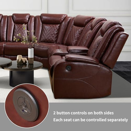 Caberryne Power Recliner Sofa Sectional Couch with LED Light for Living Room,Leather Reclining Corner Sectional Sofa with 2 Recliner Seats,Cup Holder,Storage Console for House/Home Theater, Wine Caberryne