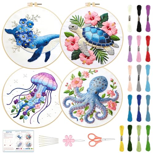 BEUNITONE 4 Pack Beginner Embroidery Kit for Adults, Mysterious Marine Animals Flowers Pre-Stamped Pattern Needlepoint Kits with Hoop & Instruction, Hand Embroidery Kits for Fabric and Home Decor