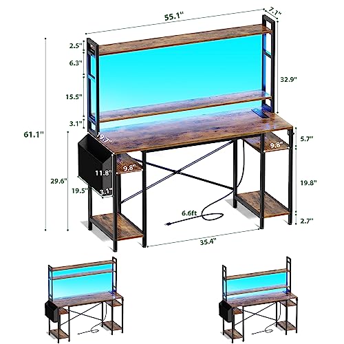 Huuger 55 inch Computer Desk with Adjustable Shelves, Gaming Desk with LED Lights & Power Outlets, Home Office Desk with Monitor Stand, Hooks & CPU Stand, Rustic Brown - WoodArtSupply