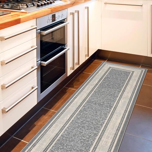 Machine Washable Bordered Design Non-Slip Rubberback 3x10 Traditional Runner Rug for Hallway, Kitchen, Bedroom, Living Room, 2'7" x 9'10", Light Gray Ottomanson