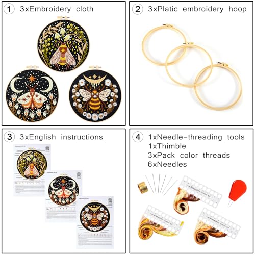 Hand Embroidery Starter Kits for Beginners Adults, Counted Stamped Cross Stitch Kit for Beginners Adults, Embroidery Needlepoint Kit with Moth Flower Pattern, 3 Hoops (Attached Teaching Video QR Code)