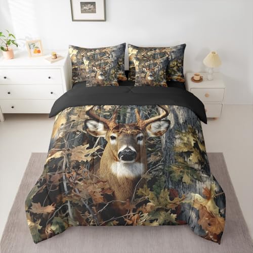 Erosebridal Deer Camo Queen Comforter Set with Sheets Rustic Hunting Bedding Set 7-Piece for Men Boys Kids Adults Camouflage Army Deer Bed in A Bag Vintage Hunting Animals Quilt Duvet Insert Erosebridal