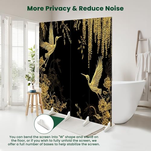 4 Panels Folding Screen Room Divider Cran Bird Wisteria Seamless Japanese Chinese Gold Black Traditional Canvas Screen Room Separator Freestanding Protective Decorative Divider Privacy Partition VETEB