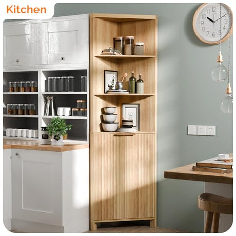 VINGLI 68" Tall Corner Cabinet with Fluted Doors,Corner Bathroom Storage Cabinet Pantry Hutch Display Shelves Adjustable for Kitchen, Living Room Modern Space Saver Shelf Bathroom Furniture,Oak VINGLI