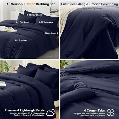 Easthome Queen Comforter Set 7 Piece - Soft Bed in a Bag Queen Size Comforter Sets, Cozy Bedding Sets with Down Alternative Comforter, Flat Sheet, Fitted Sheet, 2 Pillowcases & 2 Shams, Navy Blue Easthome