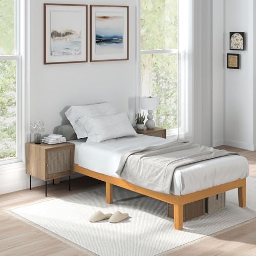 Sweetcrispy Solid Wood Bed Frame, Twin Size Bed Base with Wood Slat Support, Sturdy, Stylish & Noise-Free Design, No Box Spring Needed, Easy Assembly, 12 in Natural Pine Sweetcrispy