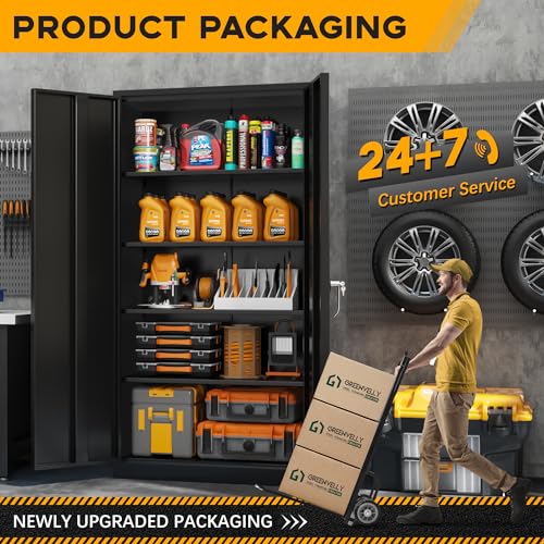 Greenvelly Metal Garage Storage Cabinet with 2 Doors and 4 Adjustable Shelves, 72" H Black Steel Lockable Storage Cabinet,Tall Metal Cabinet Locking File Cabinet for Office,Home, Garage, Gym, School Greenvelly