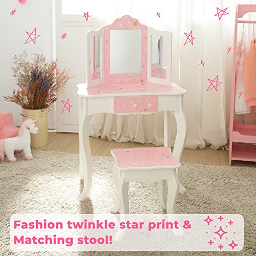 Teamson Kids Princess Gisele Twinkle Star Print 2-Piece Kids Wooden Play Vanity Set with Vanity Table, Tri-Fold Mirror, Storage Drawer, and Matching Teamson Kids