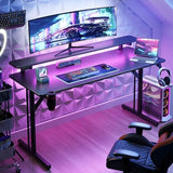 MOTPK 47 Inch Gaming Desk with LED Lights, Computer Desk Gaming Table with Monitor Shelf, Gamer Desk with Carbon Fiber Texture, Kids Boys Desk Gift for Men MOTPK