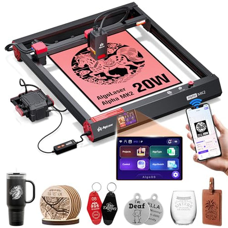 AlgoLaser Smart Laser Engraver, 20W Class 1 Laser Ccutter Machine, Built-in System, no Computer Required, Works on Metal, Wood, Acrylic, Leather, Includes air Pump Accessory. AlgoLaser