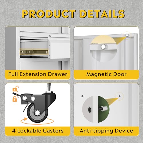 DEVAISE Metal Garage Storage Cabinet with Locking Doors and Adjustable Shelves, Rolling Tool Cabinet with Drawer for Garage,Warehouse,Home,Office (White) DEVAISE