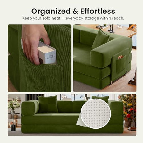 CUBENTE 78.8" Convertible Sofa Bed,Corduroy Futon Couch with Storage Pocket,Folding Pull Out Futon Sofa,No Assembly Boneless Couch for Living Room,Green CUBENTE
