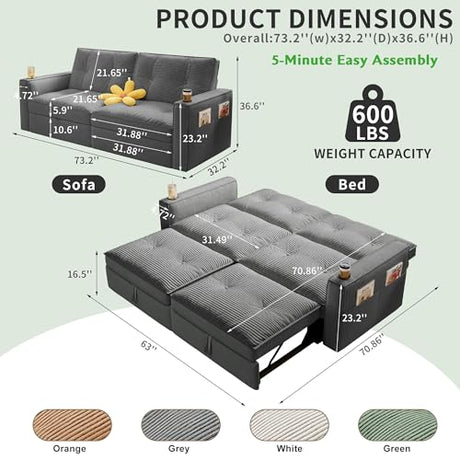 Tabaray 73.2'' Futon Sofa Bed Full, Convertible Pull Out Couch with Adjustable Backrest, Pre-Assembled Corduroy Sleeper Sofa, 2 Cup Holders & Pockets, USB, Loveseat for Living Room, Apartment, Grey Tabaray