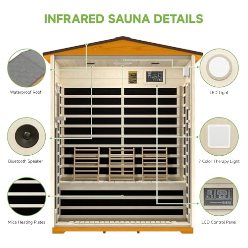 springspa Outdoor Infrared Sauna 3 Person for Home, 15amp Low EMF Far Infrared Spruce Wooden Sauna with Bluetooth,LCD Panel springspa