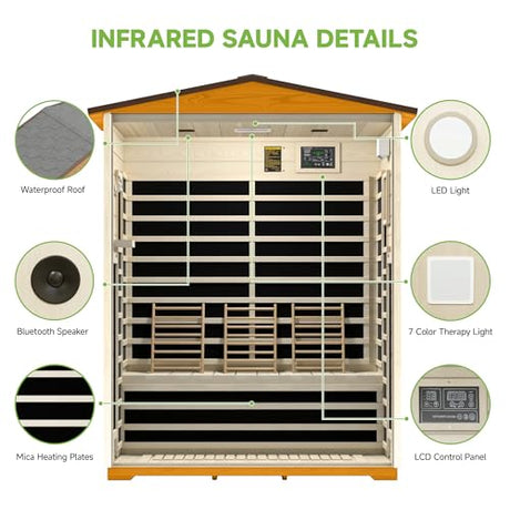springspa Outdoor Infrared Sauna 3 Person for Home, 15amp Low EMF Far Infrared Spruce Wooden Sauna with Bluetooth,LCD Panel springspa