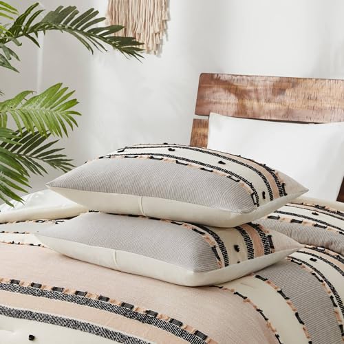 Hyde Lane Boho Queen Comforter Set, Modern Farmhouse Full Size Bedding, Cotton Top with Neutral Rustic Clipped Jacquard Stripes, Tufted Bed Sets, 3-Pieces Including Matching Pillow Shams (90" x 90") Hyde Lane