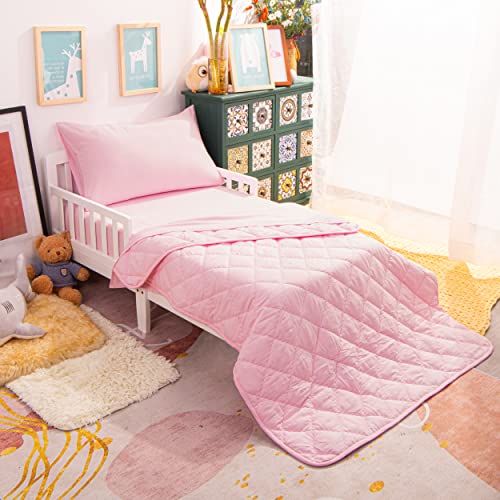 NTBAY Toddler Bedding Set - 4 Piece Soft and Breathable Crib Bedding Set for Boys and Girls, Includes Quilted Comforter, Fitted Sheet, Flat Top Sheet and Envelope Pillowcase, Pink NTBAY