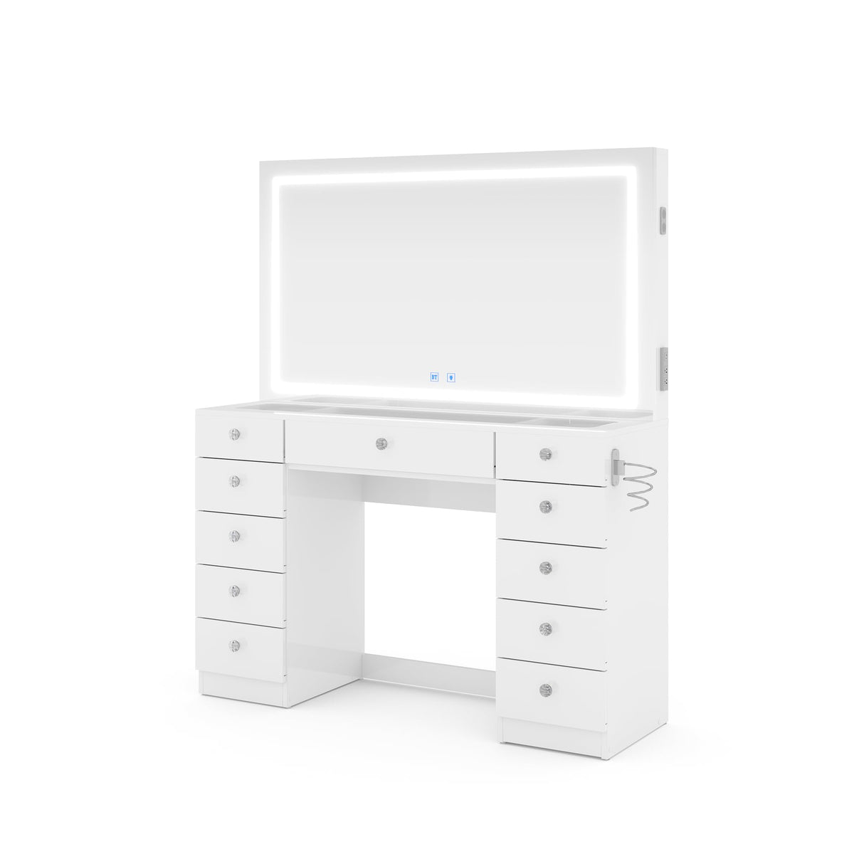 Boahaus Amelia Large Makeup Vanity Desk with Dimmable LED, 2 Bluetooth Speakers, USB Type C & Type A, 110 V Power Outlet, 11 Drawers, Crystal Knobs, Hair Dryer Holder - Premium White Boahaus