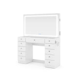 Boahaus Amelia Large Makeup Vanity Desk with Dimmable LED, 2 Bluetooth Speakers, USB Type C & Type A, 110 V Power Outlet, 11 Drawers, Crystal Knobs, Hair Dryer Holder - Premium White Boahaus
